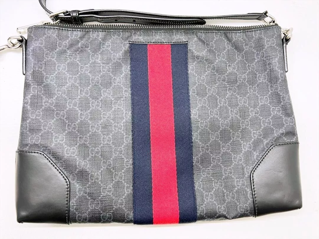 Sac à bandoulière GUCCI GG Supreme Sherry Line PVC cuir Web gris rouge marine 474139