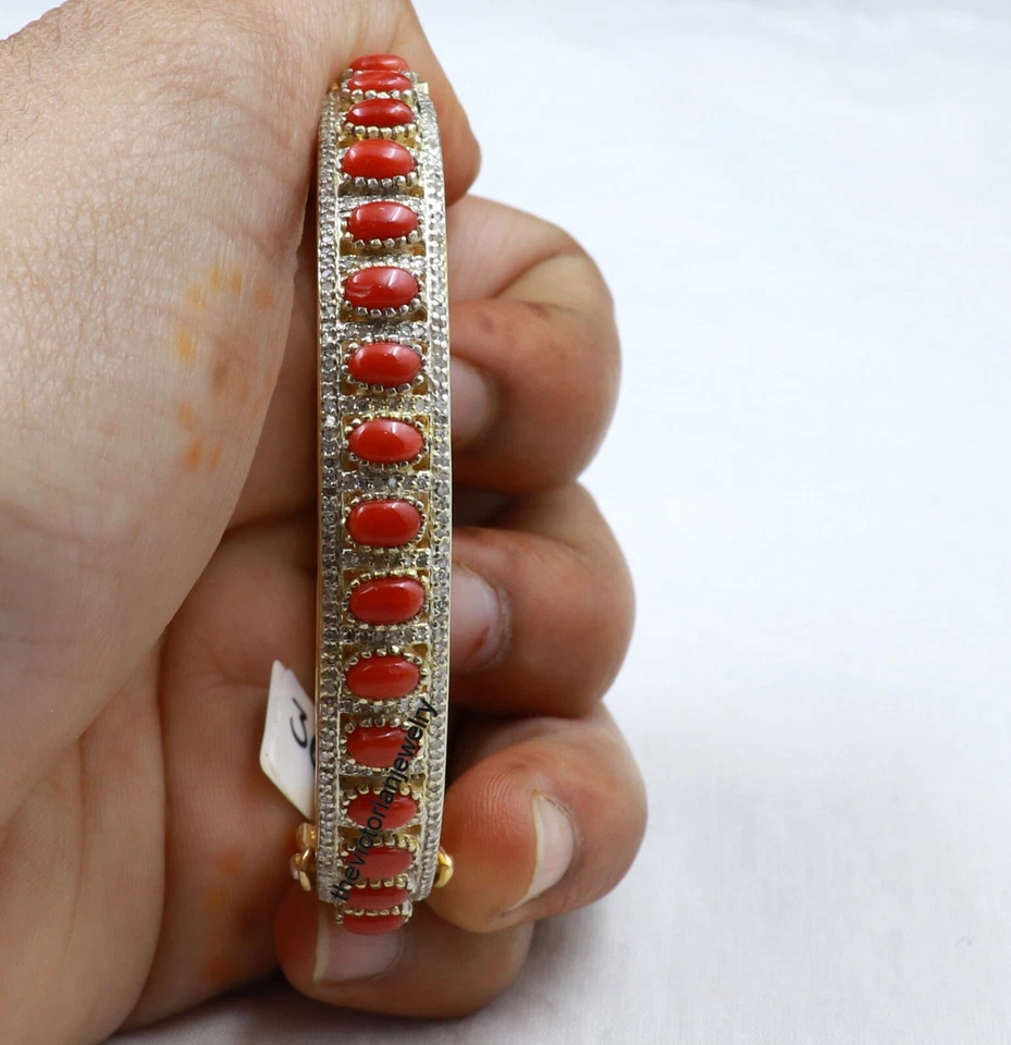 Coral Single Cut Diamond 925 Sterling Silver Unique Bangle For Engagement Gift - Image 2 of 4