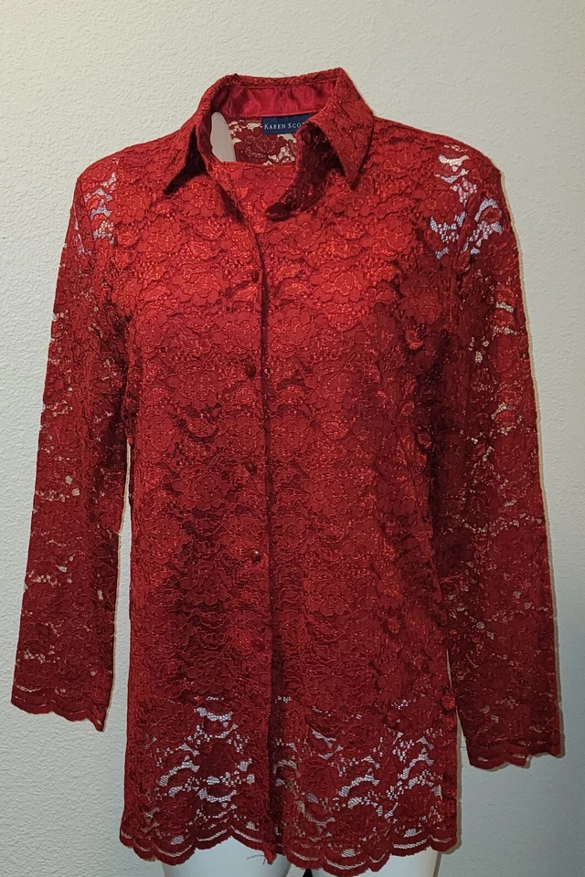 Chaqueta y concha de encaje rojo Karen Scott para mujer talla S/M Foto 2 de 4