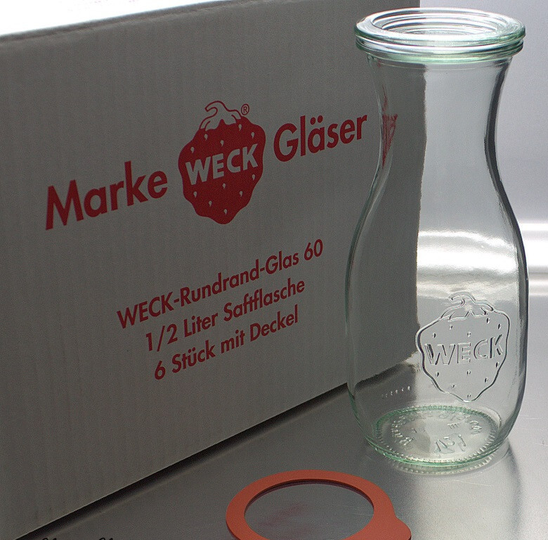 12 x Weck Saftflasche 500ml mit Glasdeckel u. Einkochringe Ungebraucht