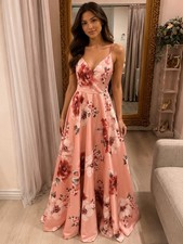 Windsor Pink Floral Satin Maxi Dress, V-Neck Spaghetti Straps Tie Back, 5/6
