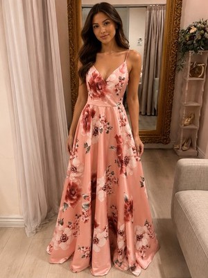 Windsor Pink Floral Satin Maxi Dress, V-Neck Spaghetti Straps Tie Back, 5/6