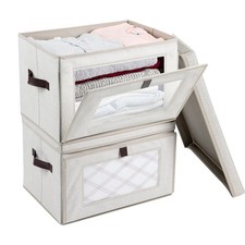 Magnetic Front Opening Fabric Storage Bins with Lids, 35L 2-Pack Beige Storag...