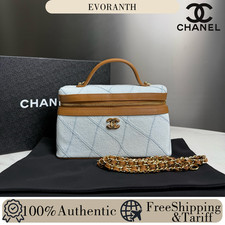 AUTH Chanel Vanity Case Light Denim Brown Leather Trim CC Gold Hardware Handbag