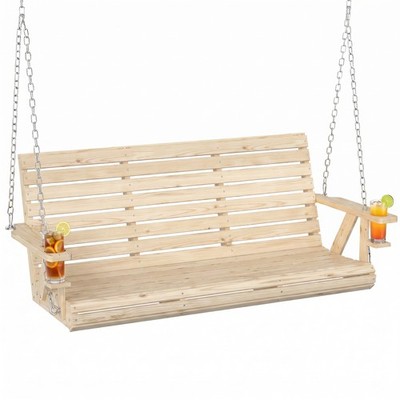 5 FT Wooden Porch Swing 3-Seater with Cupholders, Nature Wood