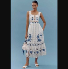 New L Farm Rio x Anthropologie cross-stitch Richelieu linen-blend dress white