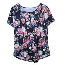 Women's XL Floral Tunic Top Short Sleeve Henley Button Front Flowy Pink/ Blue 
