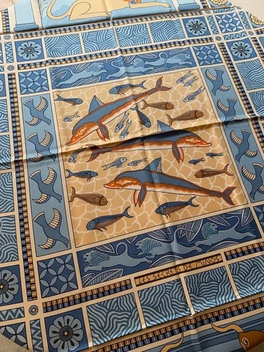 Hermes Scarf Stole Les Secrets de Minos Blue Vanilla Sea Animal Auth New Box 90
