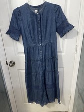 Gap x Love Shack Fancy Denim Midi Dress Tiered Eyelet Button Cottagecore Sz S