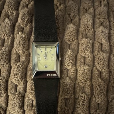 Fossil Rectangle Silver Stainless Steel Analog Green Dial Black Leather Watch