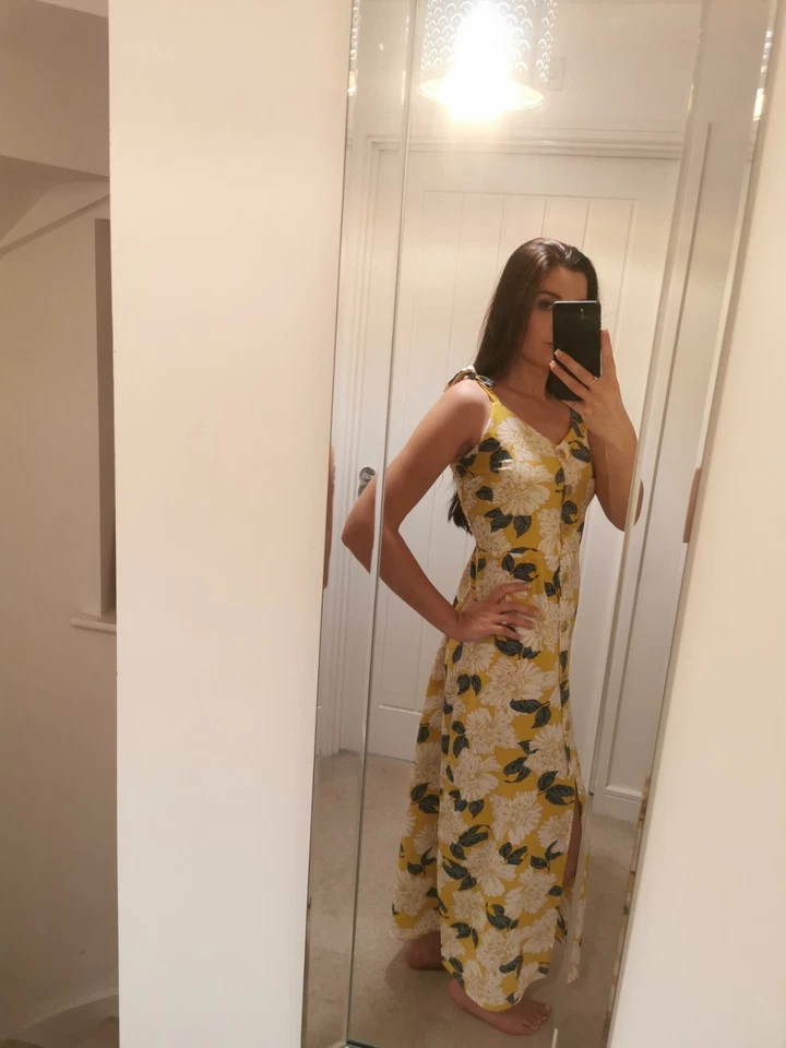 Monteau Los Angeles Yellow Floral Button Front Tie Shoulder Maxi Dress Preowned - Image 4 of 4