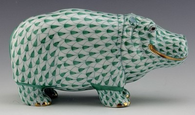  MINT HEREND Smiling HIPPO Green Fishnet Hippopotamus Figurine