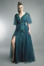Embroidered Tulle Flutter Sleeve Gown