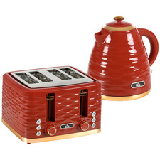 Kettle & 4-Slice Toaster Set Red 1.7 L Rapid Boil Pebbled Finish Chrome Accents