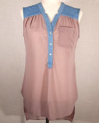 Audrey Ann Top SZ Small Sheer Hi-Lo w/ Denim Contrast Boho Western Cottage