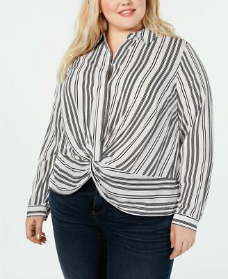 New INC Women's Plus Size 0X Black White Stripe Button Twist Front Shirt