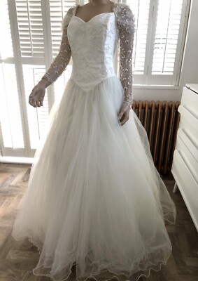 New Ivory Ellis 1980s Vintage Lace Tulle Long Sleeve Princess Wedding Dress  S 14 UK