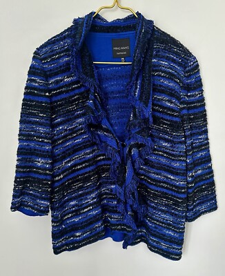 Ming Wang Sapphire Blue Black Metallic Fringe Knit Button Jacket Petite XL