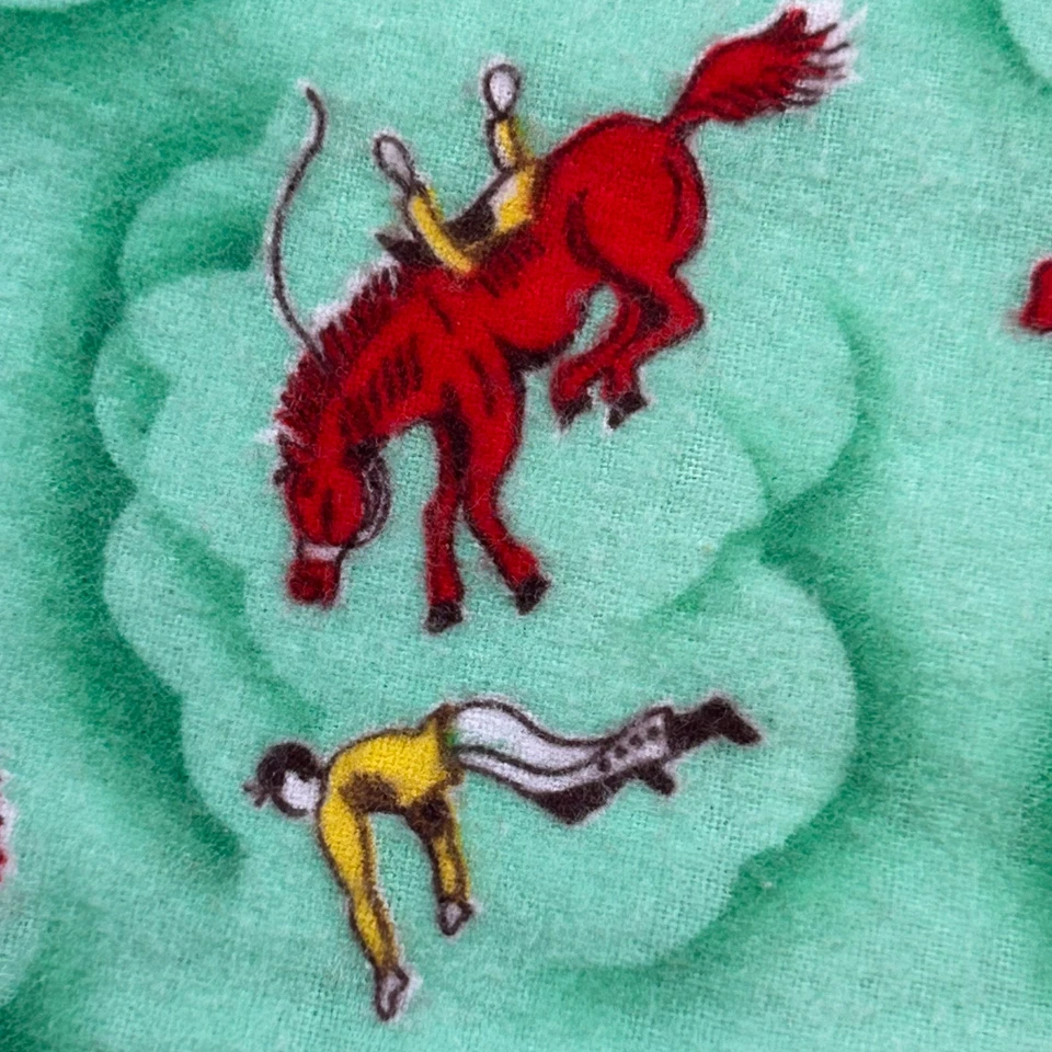 VTG 1950s Novelty Youth Flannel Fabric Cowboys Bucking Bronco 2 Pieces 32x40 Ea. - Image 4 of 4