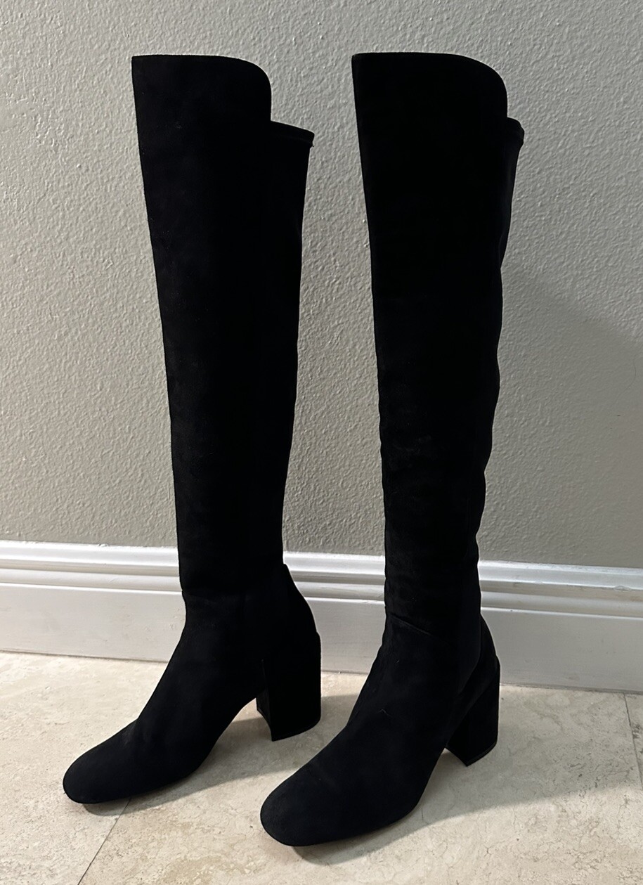 Stuart Weitzman Black Suede & Microstretch  Over The Knee Boots 8.5 Block Heel