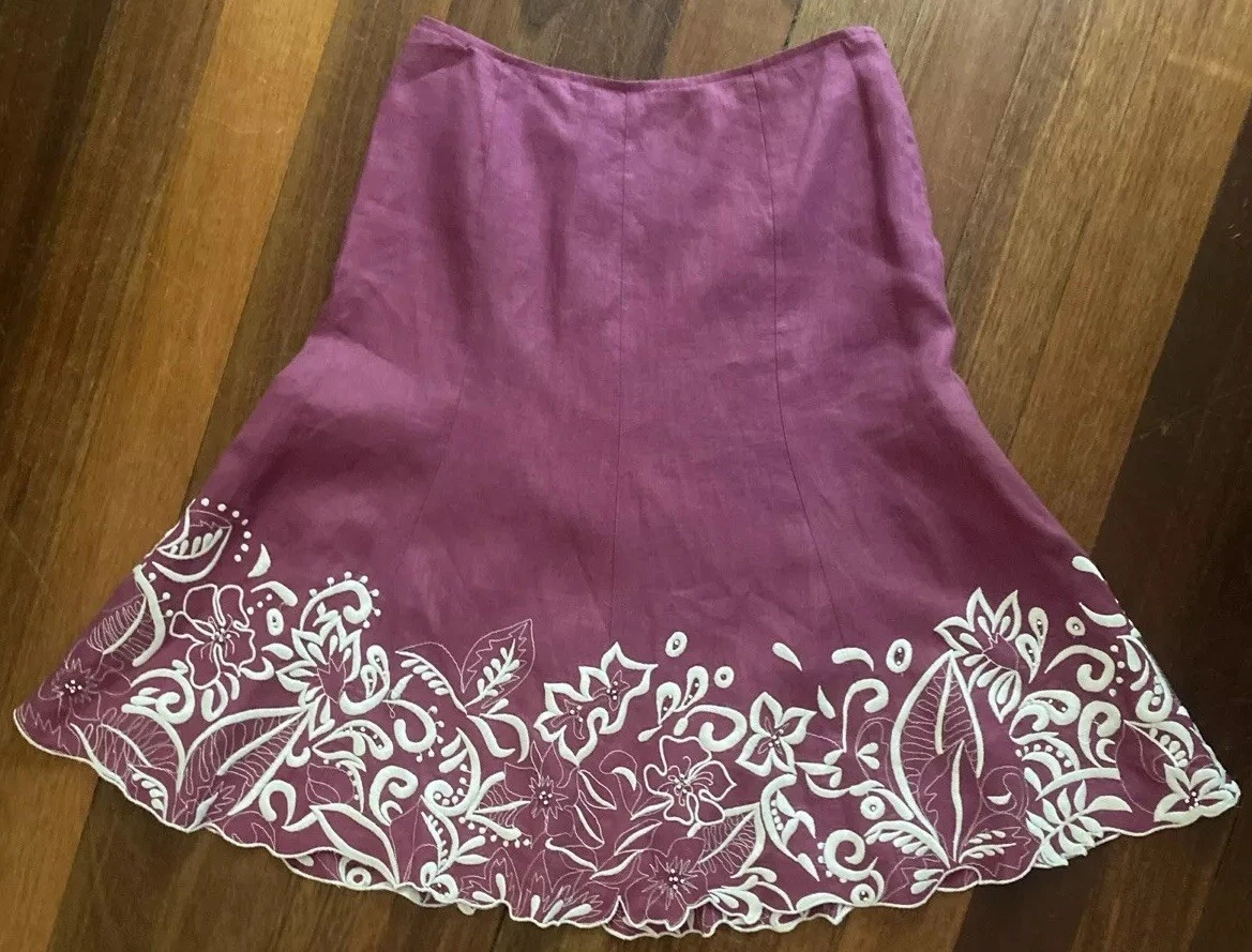 Lafayette 148 Linen Midi Skirt Purple Floral Embroidered & Beaded Border Size 2
