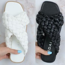 WOMENS PADDED QUILTED MULES LADIES SUMMER CROSSOVER STRAP SANDALS SLIDERS SIZE