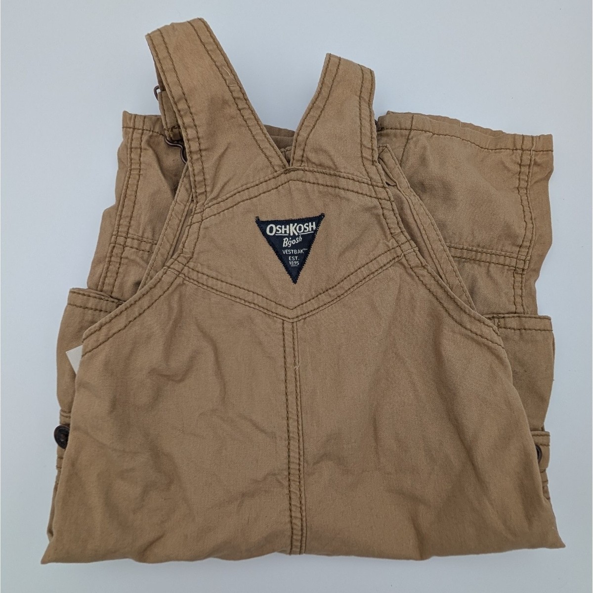 OshKosh B'gosh Baby Boy Vestbak Tan Canvas Overalls 12M Khaki Bib