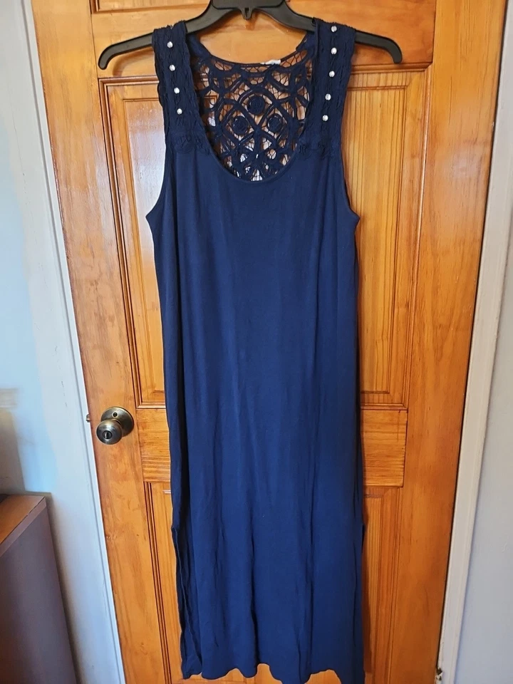 Maxi Vestido de Verano INC Azul Sin Mangas Elástico Algodón Talla 2X Embellecido  Foto 2 de 4