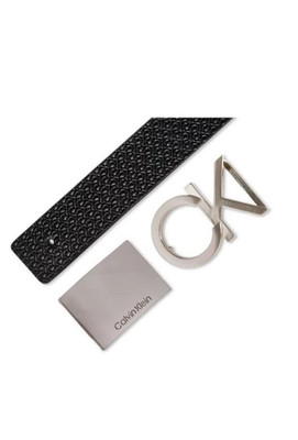 CALVIN KLEIN 4-in-1 Reversible Belt Set 38 40 Black Brown 2 Buckles Logo Plaque