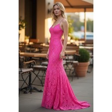 La Femme Gown 00 Hot Pink Lace Mermaid Spaghetti Backless High Slit Prom Formal