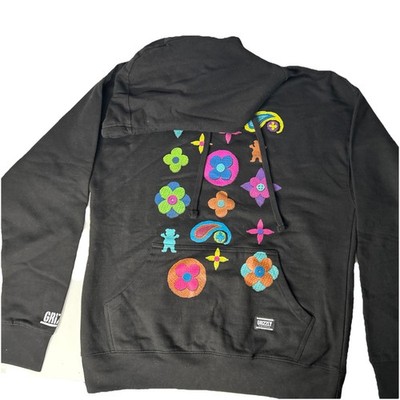 Grizzly Hoodie with Bear and Floral Hippie Design Unisex Size L NWOT Black