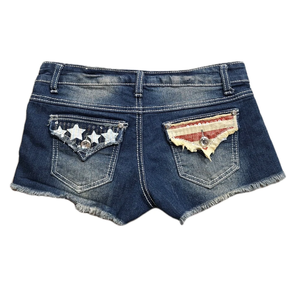 American Flag Jean Shorts Women 1/2 Blue Cut Offs Shorty Daisy Dukes Sexy Sequin - Image 2 of 4