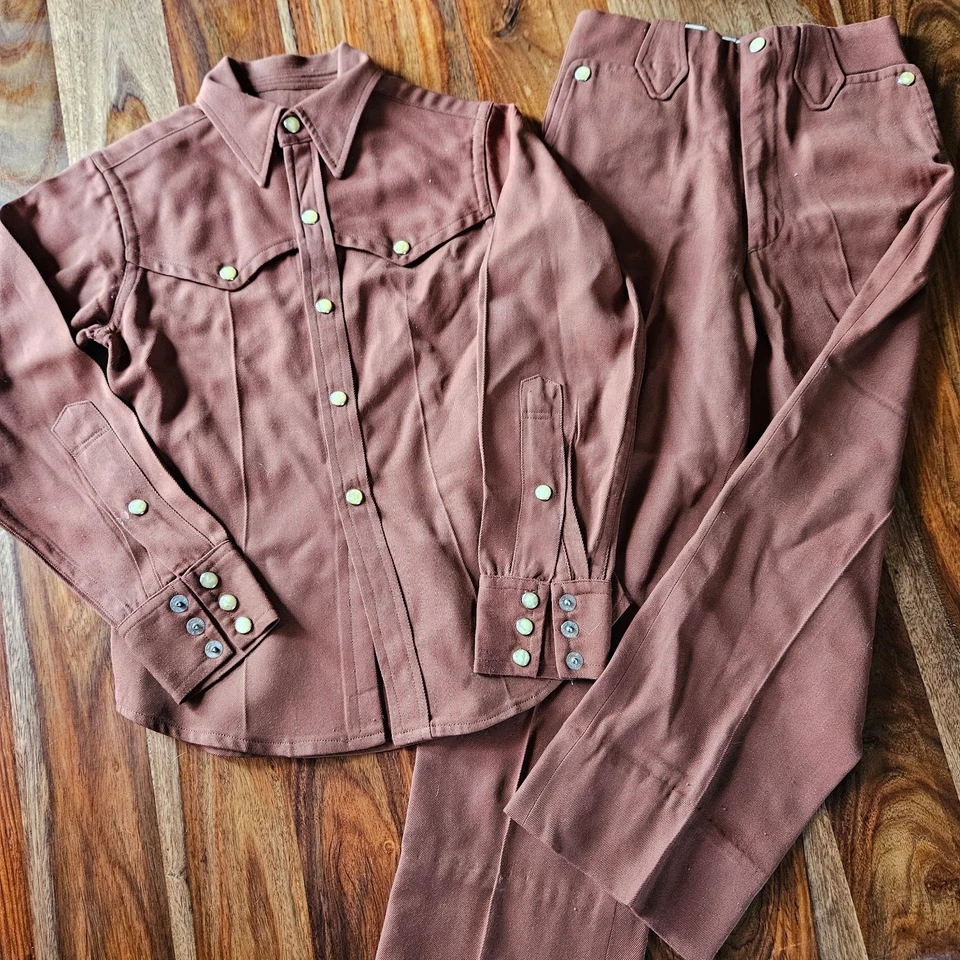 复古 60 年代羊毛 Gabardine 儿童男孩西部套装珍珠卡扣 6 码 — 第 2/4 张图片