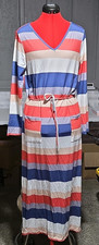Multicolor Striped Woven Polyester Maxi Dress M V-Neck Long Sleeve Drawstring