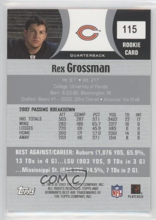 2003 Bowman's Best Rex Grossman #115 Rookie RC - Image 2 of 2