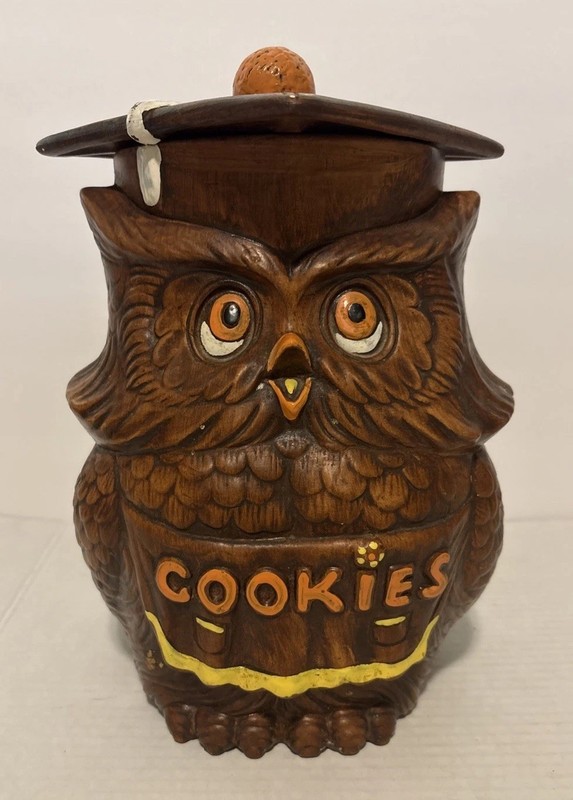 Vintage 1960's/70's Treasure Craft Owl Graduate Ceramic Cookie Jar- Great Shape!