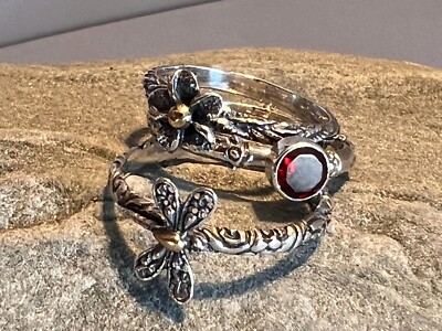 Bali stack ring set 925 Sterling silver 18K gold Garnet Butterfly Flower S 7.75