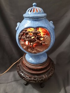 Chinese Blue Pottery Censer Lamp Sculpted Diorama mkd Openwork Yun Ju Ware