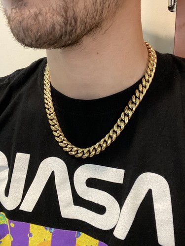 Real Solid 14K Gold Over Stainless Steel Miami Cuban Link Chain Necklace Choker - Picture 3 of 12