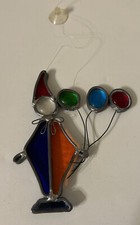 Clown w/ Balloons Stained Glass Window SunCatcher HandCrafted Vtg Red BlueYellow