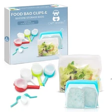 Silicone Food Storage Bags & Bag Clips with Pour Spout - Pack of 6 - Reusable,