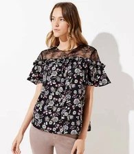 LOFT NWT Women's Ruffled Lace Yoke Top - Black Floral - Size XX Small