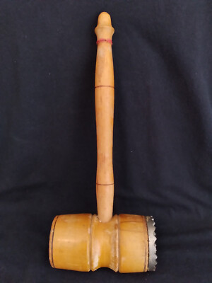 Vintage 12  Wooden Butcher Mallet Hammer w/ Metal Waffle Head Meat Tenderizer