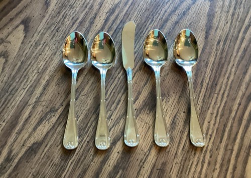 4 Towle HOTEL Multi Motif (Ribbon) Glossy 18/10 Stainless TEASPOONS ...