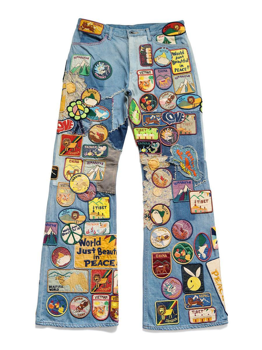 ★2025SS新作★GOTTER GALLERY★ETHNIC DOODLE DENIM PANTS Kapital 12.5oz Denim 5P Rat Flare Pants (BEAUTIFUL WORLD