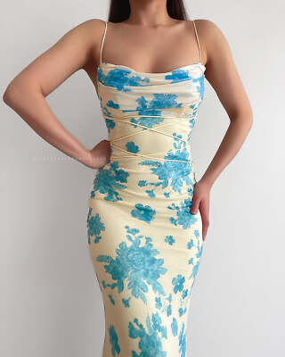 Christina Mesh Bodycon Maxi Dress Yellow/Blue Floral