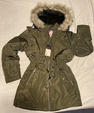 Women's Olive Parka jacket Soft Faux Fur Lining Long Hair Hood Trim Full Zip XL