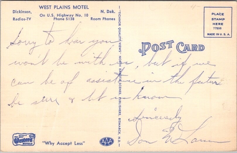 Dickinson, North Dakota Postcard WEST PLAINS MOTEL Highway 10 Tichnor