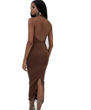 ASOS Silky Ruched Stretchy Halter Brown Maxi Dress Size 4 US Brand New with Tags