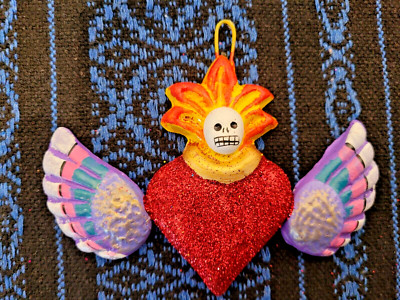 Day of the Dead Red Glitter Heart, Skull Wings Skeleton Mexican Mexico